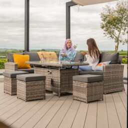 Rosen 9 Seater Fire Pit Rattan Garden Furniture Corner Dining Sofa Set In Grey, With Rain Cover - thumbnail 7