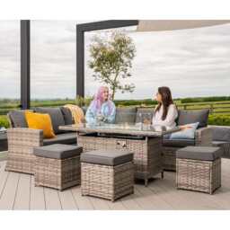 Rosen 9 Seater Fire Pit Rattan Garden Furniture Corner Dining Sofa Set In Grey, With Rain Cover - thumbnail 3