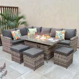 Rosen 9 Seater Fire Pit Rattan Garden Furniture Corner Dining Sofa Set In Grey, With Rain Cover - thumbnail 2