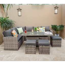 Barcelona Rattan Garden 9 Seater Fire Pit  Furniture Corner Dining Sofa Set In Grey, With Rain Cover - thumbnail 2