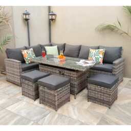 Barcelona Rattan Garden 9 Seater Fire Pit  Furniture Corner Dining Sofa Set In Grey, With Rain Cover - thumbnail 1