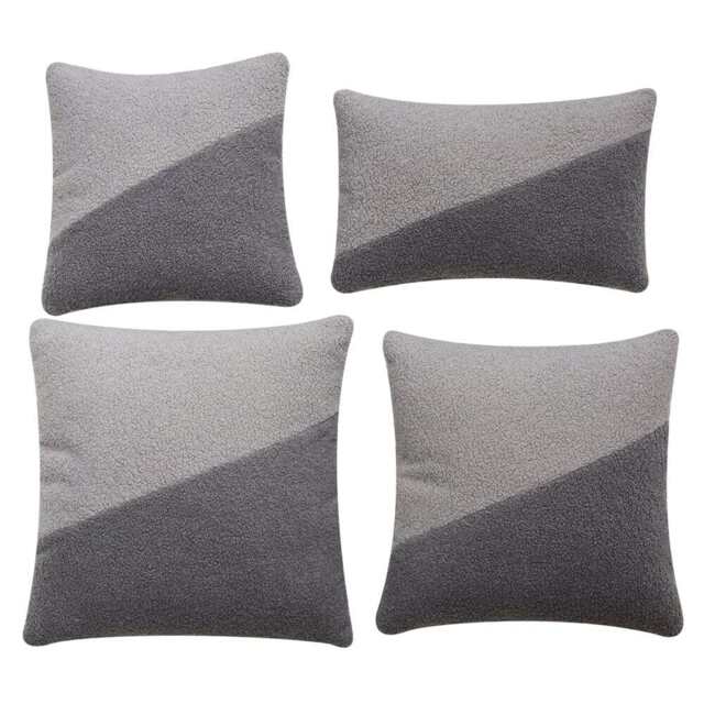 Birchcraft Teddy Fleece 4 Piece Indoor Soft Throw Pillow Set Scatter Cushions, Grey And Light Grey