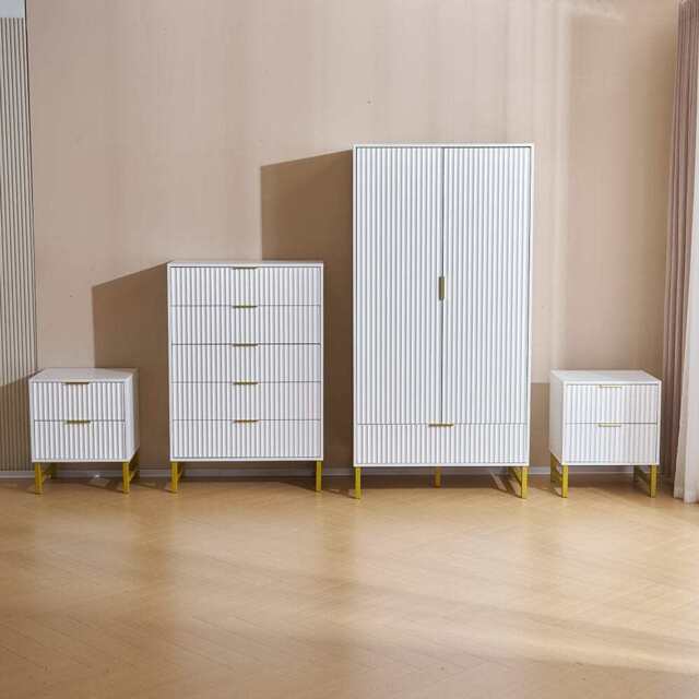 Mercury Ridged 4 Piece  Bedroom Furniture Set Wardrobe Bedside Set, White