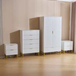 Mercury Ridged 4 Piece  Bedroom Furniture Set Wardrobe Bedside Set, White - thumbnail 2