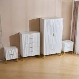 Mercury Ridged 4 Piece  Bedroom Furniture Set Wardrobe Bedside Set, White - thumbnail 3