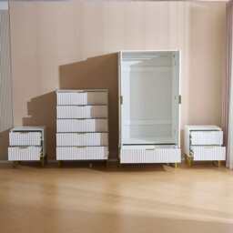 Mercury Ridged 4 Piece  Bedroom Furniture Set Wardrobe Bedside Set, White - thumbnail 5