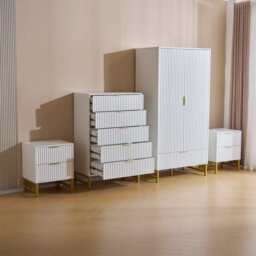 Mercury Ridged 4 Piece  Bedroom Furniture Set Wardrobe Bedside Set, White - thumbnail 4