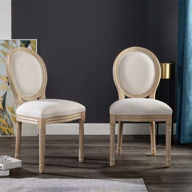 Set of 2 Oxford Classic Style Dining Chairs, Beige Linen With Oak Leg - image 1
