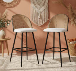 Set Of 2 Boho Boucle Rattan Bar Stool Bar Chairs - thumbnail 2