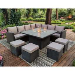 Rosen 11 Seater Rattan Garden Furniture Fire Pit Dining Corner Sofa Cube Set, Black / Without Rain Cover