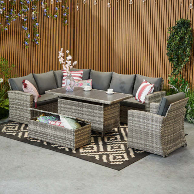 Rosen 9 Seater Rattan Corner Sofa Set With Aluminium Dining Table And Armchair And Storage Bench, Grey / Without Rain Cover - image 1
