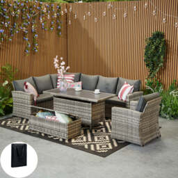 Rosen 9 Seater Rattan Corner Sofa Set With Aluminium Dining Table And Armchair And Storage Bench, Grey / Without Rain Cover - thumbnail 2