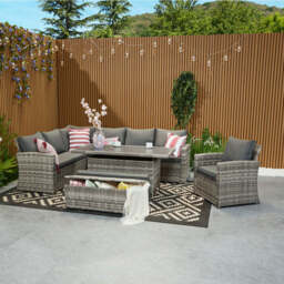 Rosen 9 Seater Rattan Corner Sofa Set With Aluminium Dining Table And Armchair And Storage Bench, Grey / Without Rain Cover - thumbnail 4