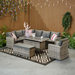 Rosen 9 Seater Rattan Corner Sofa Set With Aluminium Dining Table And Armchair And Storage Bench, Grey / Without Rain Cover - thumbnail 7