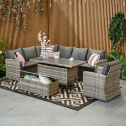 Rosen 9 Seater Rattan Corner Sofa Set With Aluminium Dining Table And Armchair And Storage Bench, Grey / Without Rain Cover - thumbnail 1