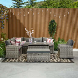 Rosen 9 Seater Rattan Corner Sofa Set With Aluminium Dining Table And Armchair And Storage Bench, Grey / Without Rain Cover - thumbnail 5