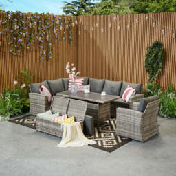 Rosen 9 Seater Rattan Corner Sofa Set With Aluminium Dining Table And Armchair And Storage Bench, Grey / Without Rain Cover - thumbnail 3