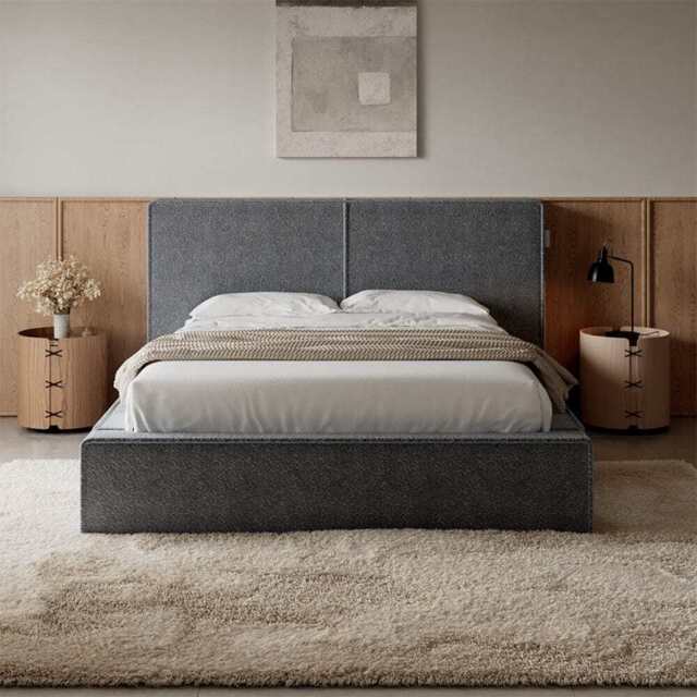 Tessa Grey Boucle Teddy Fleece Pneumatic Bed King Bed Double Bed Frame With USB charger, King