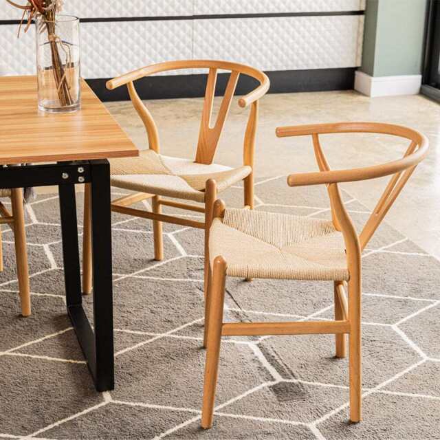 Set Of 2 Boho Beech Wood Dining Chairs, Oak