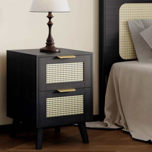 Boho 2 Drawers Rattan Decorated Bedside Storage Cabinet, One Bedside Table In Black
