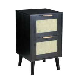 Boho 2 Drawers Rattan Decorated Bedside Storage Cabinet, One Bedside Table In Black - thumbnail 3