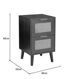 Boho 2 Drawers Rattan Decorated Bedside Storage Cabinet, One Bedside Table In Black - thumbnail 8
