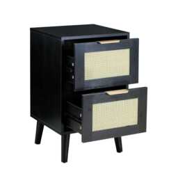 Boho 2 Drawers Rattan Decorated Bedside Storage Cabinet, One Bedside Table In Black - thumbnail 4