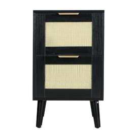 Boho 2 Drawers Rattan Decorated Bedside Storage Cabinet, One Bedside Table In Black - thumbnail 2