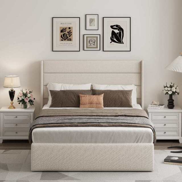 Ease Ottoman Storage Linen Pneumatic Lift Up Bed Frame Double or King Bed, Double / Beige - image 1