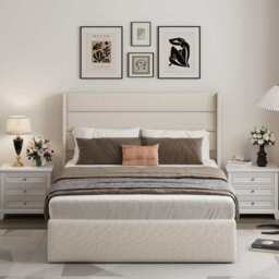 Ease Ottoman Storage Linen Pneumatic Lift Up Bed Frame Double or King Bed, Double / Beige
