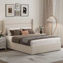 Ease Ottoman Storage Linen Pneumatic Lift Up Bed Frame Double or King Bed, Double / Beige - thumbnail 2