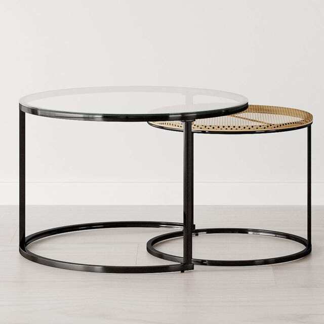 Boho Set of 2 Nesting Round End Side Coffee Tables With Glass And Rattan Top - image 1