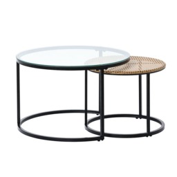 Boho Set of 2 Nesting Round End Side Coffee Tables With Glass And Rattan Top - thumbnail 4