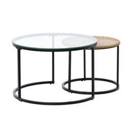 Boho Set of 2 Nesting Round End Side Coffee Tables With Glass And Rattan Top - thumbnail 5