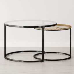 Boho Set of 2 Nesting Round End Side Coffee Tables With Glass And Rattan Top