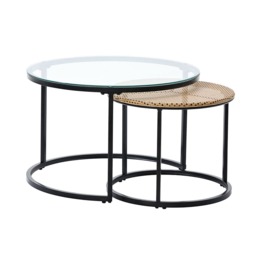 Boho Set of 2 Nesting Round End Side Coffee Tables With Glass And Rattan Top - thumbnail 3