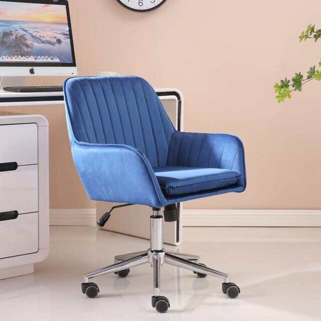 Melton Office Chair Upholstered Velvet Channel Tufted, Blue - image 1