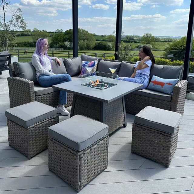 Rosen Rattan Garden Furniture 9 Seater Corner Sofa Set with Fire pit Dining Table in Mixed Nature And Grey, With Rain Cover - image 1