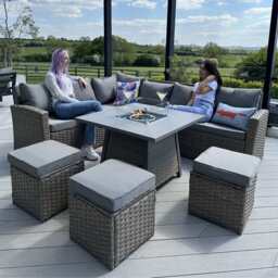 Rosen Rattan Garden Furniture 9 Seater Corner Sofa Set with Fire pit Dining Table in Mixed Nature And Grey, With Rain Cover - thumbnail 2