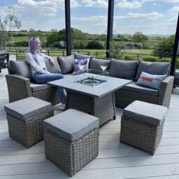 Rosen Rattan Garden Furniture 9 Seater Corner Sofa Set with Fire pit Dining Table in Mixed Nature And Grey, With Rain Cover - thumbnail 3