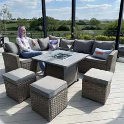 Rosen Rattan Garden Furniture 9 Seater Corner Sofa Set with Fire pit Dining Table in Mixed Nature And Grey, With Rain Cover - thumbnail 4