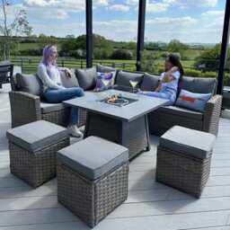 Rosen Rattan Garden Furniture 9 Seater Corner Sofa Set with Fire pit Dining Table in Mixed Nature And Grey, With Rain Cover - thumbnail 1