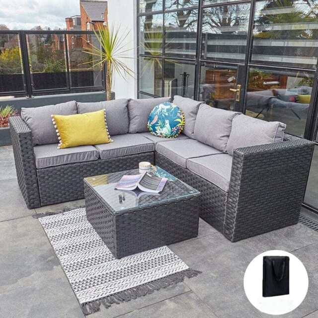 Vancouver 5 Seater Black Rattan Corner Sofa Patio Set, With Rain Cover