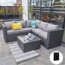 Vancouver 5 Seater Black Rattan Corner Sofa Patio Set, With Rain Cover