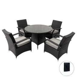 Aura 4 Seater Round Dining Table Set Rattan Garden Set, Black / With Rain Cover - thumbnail 1