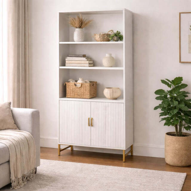 Modern White Storage Cabinet with Shelves – Living Room Bookcase with Cupboard - image 1