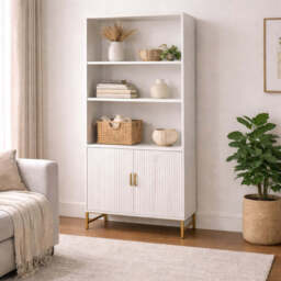 Modern White Storage Cabinet with Shelves – Living Room Bookcase with Cupboard - thumbnail 1