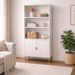 Modern White Storage Cabinet with Shelves – Living Room Bookcase with Cupboard - thumbnail 2