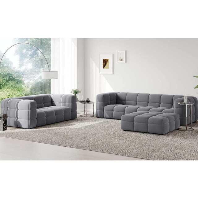 Serenity Latex Foam Boucle Sofa Ottoman In Grey, Full Set 3+2 Seater With Ottoman