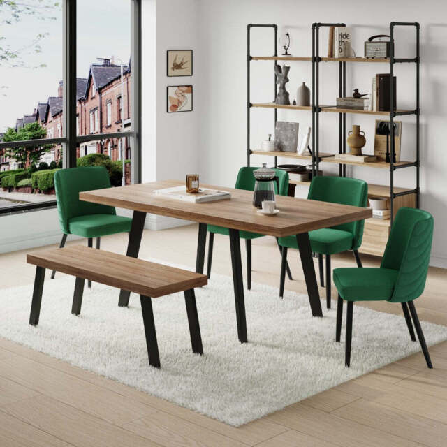Belluno 160-190cm Extending Dining Table Set With 4 Velvet Green Chairs And Bench - image 1